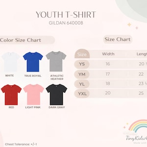 May include: A product image showcasing a youth t-shirt color and size chart. The chart displays various t-shirt colors, including black, white, and red. The size chart lists width and length measurements in inches for sizes YS, YM, YL, and YXL.