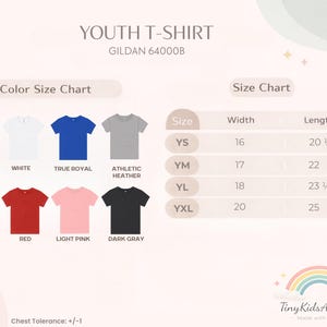 May include: A youth t-shirt size chart for Gildan 64000B featuring eight color options: black, white, true royal, athletic heather, maroon, red, light pink, and dark gray. A table lists sizes YS, YM, YL, and YXL with corresponding width and length in inches.