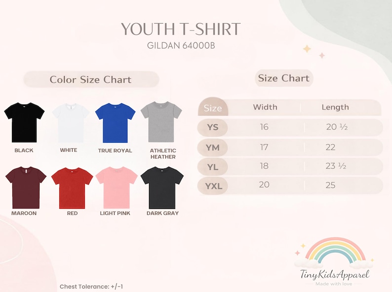 May include: A youth t-shirt size chart for Gildan 64000B featuring eight color options: black, white, true royal, athletic heather, maroon, red, light pink, and dark gray. A table lists sizes YS, YM, YL, and YXL with corresponding width and length in inches.