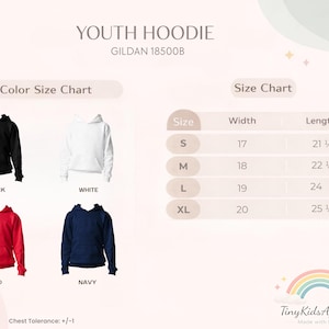 May include: A Gildan 18500B youth hoodie size chart displaying four color options: black, white, red, and navy. A table lists sizes S, M, L, and XL with corresponding width and length measurements in inches. The text includes Chest Tolerance: +/-1.
