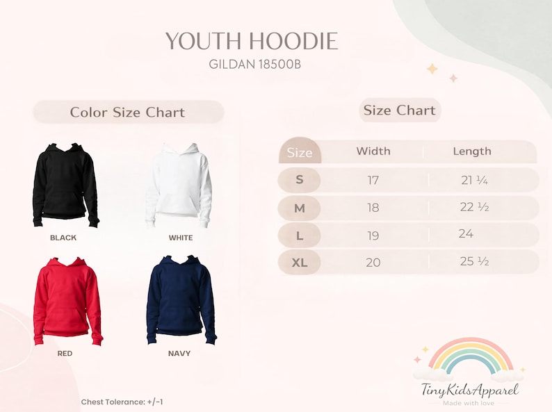 May include: A Gildan 18500B youth hoodie size chart displaying four color options: black, white, red, and navy. A table lists sizes S, M, L, and XL with corresponding width and length measurements in inches. The text includes Chest Tolerance: +/-1.
