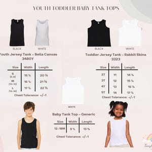 May include: A size chart for youth, toddler, and baby tank tops in black and white. Includes Bella Canvas 3480Y, Rabbit Skins 3323, and generic baby tank tops with width and length measurements in inches for sizes S-L, 2T-5T, and 12-18M.