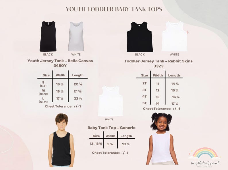 May include: A size chart for youth, toddler, and baby tank tops in black and white. Includes Bella Canvas 3480Y, Rabbit Skins 3323, and generic baby tank tops with width and length measurements in inches for sizes S-L, 2T-5T, and 12-18M.