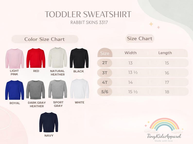May include: A toddler sweatshirt size and color chart for Rabbit Skins 3317. The chart displays nine sweatshirt colors including light pink, red, natural heather, black, royal, dark gray heather, sport gray, white, and navy, with a size table.