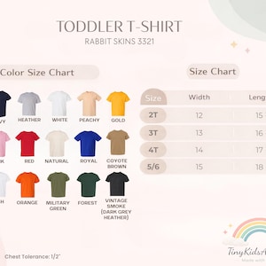 May include: A toddler t-shirt size chart for Rabbit Skins 3321, displaying 18 color options including black, navy, heather, white, peachy, gold, light blue, pink, red, natural, royal, coyote brown, kelly, ash, orange, military green, forest, and vintage smoke.