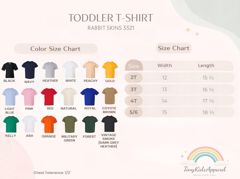 May include: A toddler t-shirt size chart for Rabbit Skins 3321, displaying 18 color options including black, navy, heather, white, peachy, gold, light blue, pink, red, natural, royal, coyote brown, kelly, ash, orange, military green, forest, and vintage smoke.