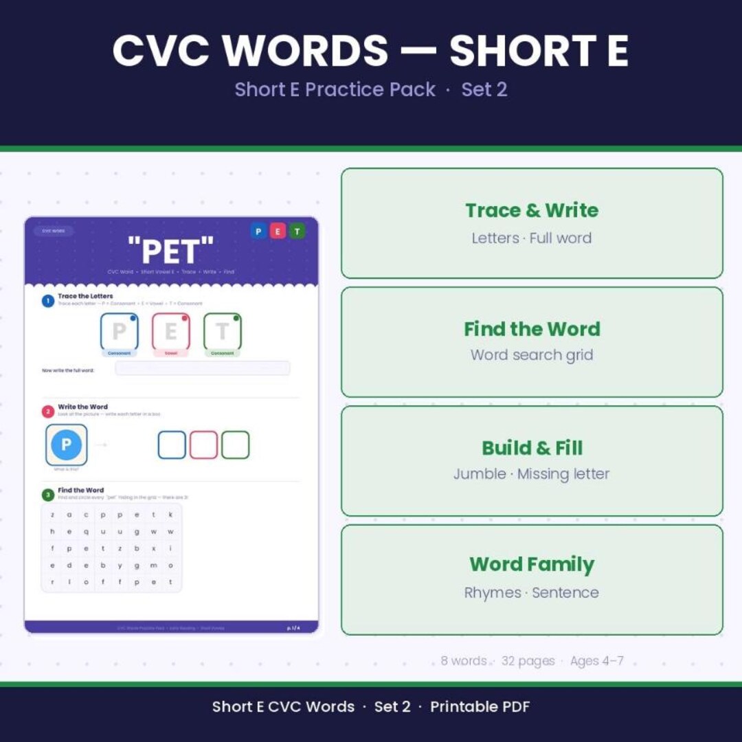 Short E CVC Words Worksheets | Phonics Activities Kindergarten ...