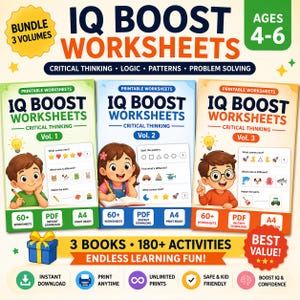 May include: A bundle of three IQ Boost Worksheets for ages 4-6, focusing on critical thinking, logic, patterns, and problem-solving. Each volume features over 60 worksheets, available as instant PDF downloads, and A4 print-ready. The set promises endless learning fun.