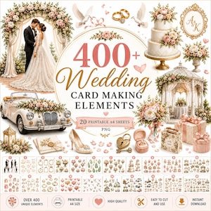 May include: A digital collection of 400+ wedding card making elements featuring illustrations of a bride and groom, a three-tier cake, a vintage car, floral arrangements, gold rings, and a gazebo. Includes 20 printable A4 sheets in PNG format.