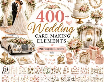 May include: A digital collection of 400+ wedding card making elements featuring illustrations of a bride and groom, a three-tier cake, a vintage car, floral arrangements, gold rings, and a gazebo. Includes 20 printable A4 sheets in PNG format.