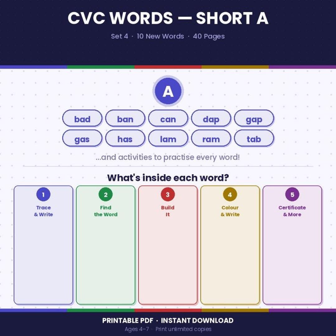 Short A CVC Words Worksheets Set 4 | Phonics Activities Kindergarten ...
