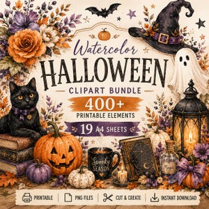 Puede incluir: Un paquete de imágenes prediseñadas de acuarela de Halloween con un gato negro, un sombrero de bruja, un fantasma, calabazas, una linterna, una taza con el texto Spooky Season, un libro de hechizos y una poción etiquetada Magic en 19 hojas A4.