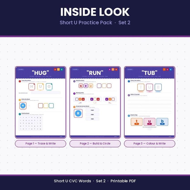 Short U CVC Words Worksheets | Kindergarten Phonics Printable PDF ...