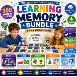 Peut inclure: Un ensemble de cartes mémoire éducatives à imprimer comprenant 300 cartes sur cinq thèmes : espace, drapeaux, nature, vacances et hiver. Ce jeu en format PDF téléchargeable est conçu pour les enfants de 4 à 10 ans afin d'améliorer la mémoire.