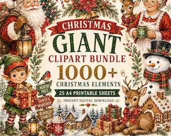 Puede incluir: Un paquete digital de imágenes prediseñadas navideñas con Santa Claus, la Sra. Claus, un elfo, un muñeco de nieve y renos. El texto dice CHRISTMAS GIANT CLIPART BUNDLE 1000+ CHRISTMAS ELEMENTS 25 A4 PRINTABLE SHEETS INSTANT DIGITAL DOWNLOAD con iconos.