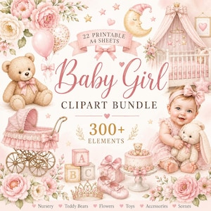 Peut inclure: Un ensemble de cliparts numériques comprenant 22 feuilles A4 imprimables avec plus de 300 éléments, dont un ours en peluche, un landau, un berceau à baldaquin, un bébé avec une peluche, des cubes alphabet, un gâteau, une couronne et des fleurs.