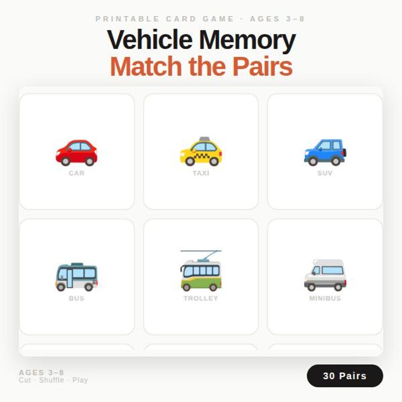 Buy Car Memory Game Printable for Kids | Vehicle Matching Cards ...