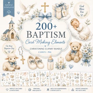 Op de afbeelding: Een digitale clipart-set met meer dan 200 doop-gerelateerde elementen, waaronder een kerk, een duif, een kruis, een slapende baby, een teddybeer, een lammetje, babyschoentjes, een flesje, een kaars en bloemstukken met blauwe linten.