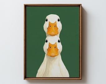 Funny Wild Duo Goose Prints Quirky Animal Painting, Green Nursery Decor Whimsical Duck Poster for Living Room Printable Digital Download -A6