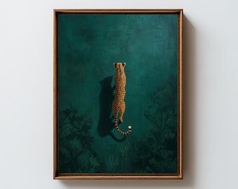 Cheetah Oil Painting Prints, Emerald Green Animal Poster Minimalist Home Wall Art Decor -A13.
