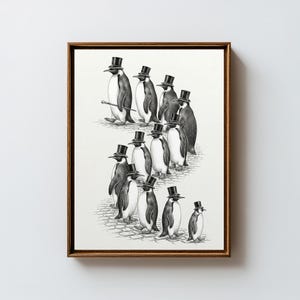 May include: A framed black and white illustration of a group of penguins wearing top hats. One penguin holds a cane. The penguins are standing on a cobblestone path. The frame is a dark brown color.
