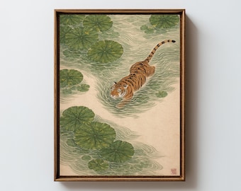 Japanese Tiger Wall Art Print, Vintage Asian Pond Painting Decor, Zen Nature Animals Printable -A8