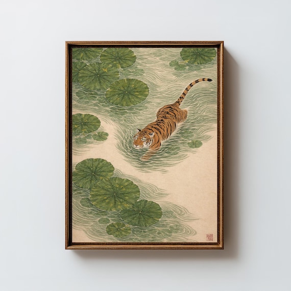 Japanese Tiger Wall Art Print, Vintage Asian Pond Painting Decor, Zen Nature Animals Printable -A8