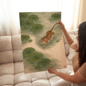 Japanese Tiger Wall Art Print, Vintage Asian Pond Painting Decor, Zen Nature Animals Printable -A8 imagen 3
