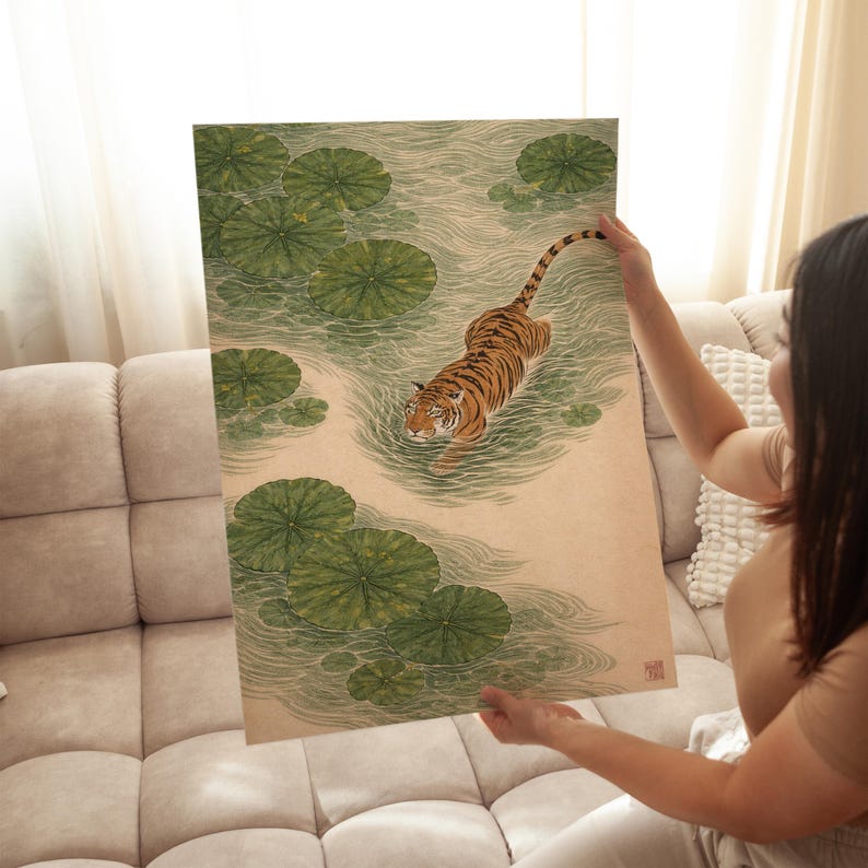 Japanese Tiger Wall Art Print, Vintage Asian Pond Painting Decor, Zen Nature Animals Printable -A8 imagen 3