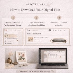 May include: A graphic showing how to download digital files from Etsy. The steps include going to your account, finding your order, and saving the files. The image includes a laptop, a print of a rose, and the text "How to Download Your Digital Files."