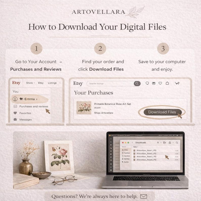 May include: A graphic showing how to download digital files from Etsy. The steps include going to your account, finding your order, and saving the files. The image includes a laptop, a print of a rose, and the text "How to Download Your Digital Files."