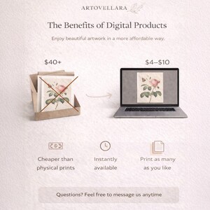 May include: An advertisement for digital artwork. The image shows a comparison between physical prints and digital downloads. Text includes "The Benefits of Digital Products" and "Cheaper than physical prints."