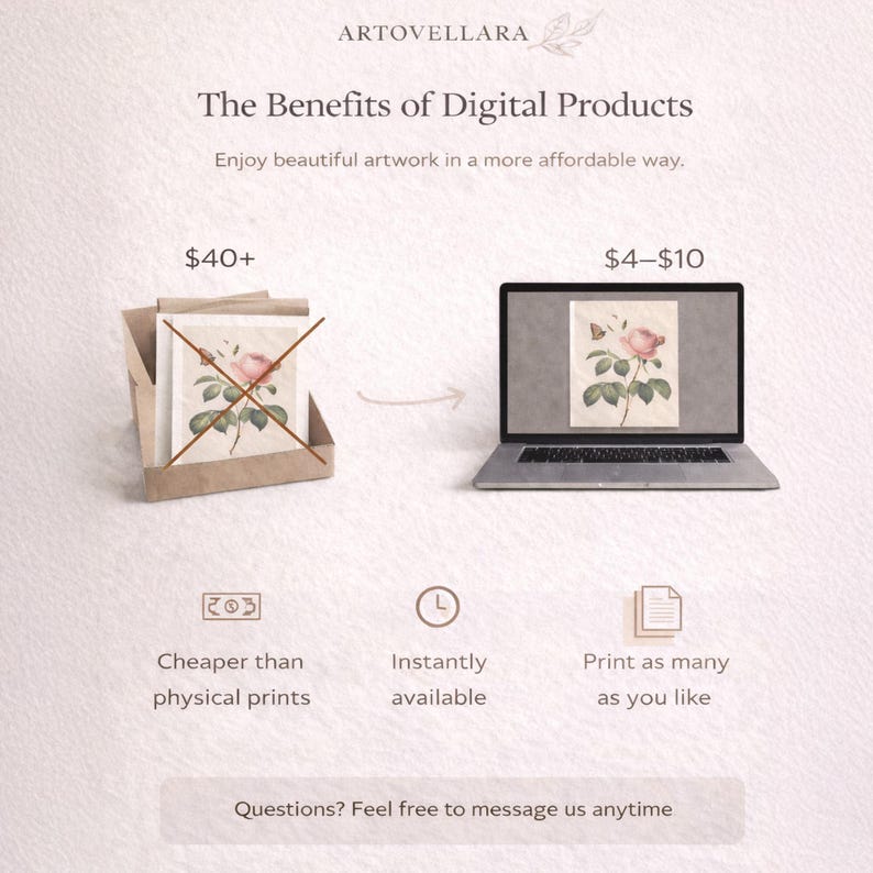 May include: An advertisement for digital artwork. The image shows a comparison between physical prints and digital downloads. Text includes "The Benefits of Digital Products" and "Cheaper than physical prints."