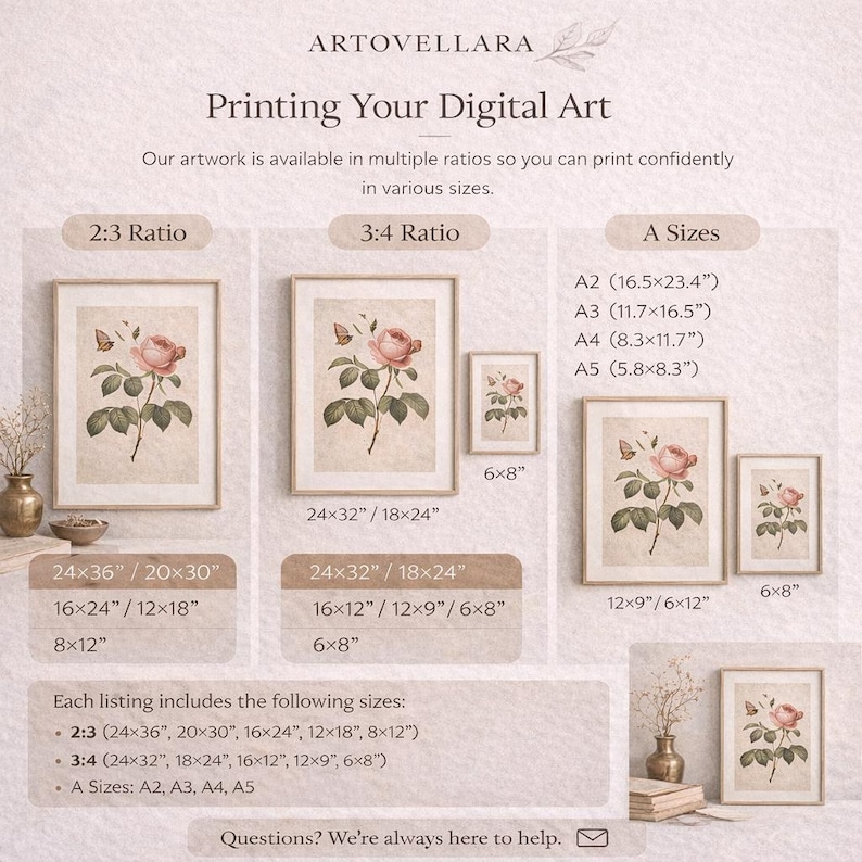 Puede incluir: Impresiones de arte digital con una ilustraci&oacute;n de rosa bot&aacute;nica vintage. La imagen muestra varios tama&ntilde;os, incluyendo 61x91cm, 51x76cm y opciones de tama&ntilde;o A. Las impresiones est&aacute;n disponibles en m&uacute;ltiples proporciones para opciones de visualizaci&oacute;n vers&aacute;tiles.