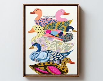 Get Your Ducks in a Row Funny Duck Wall Art | Colorful Patterned Bird Print For Kids Room Decor, Digital Download. -A56