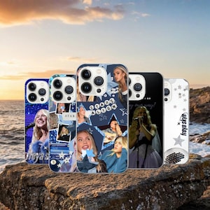 May include: Five phone cases with singer-themed designs. The cases display images of a singer, collages with text reading "STARS ALIGN" and "freya skye". The cases are on a rock with a sunset backdrop.