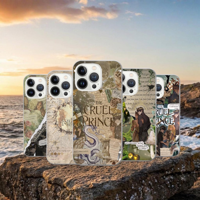 May include: A collection of phone cases with various designs. The cases feature illustrations, text, and a collage aesthetic. One case displays "The Cruel Prince" text with a dragon illustration. Other cases have floral and character art.
