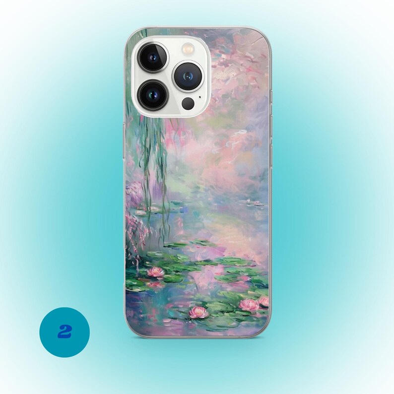 May include: A phone case featuring a pastel painting of water lilies and weeping willows. The artwork includes shades of pink, green, and blue, with a clear case. The phone case has a camera module with three lenses.