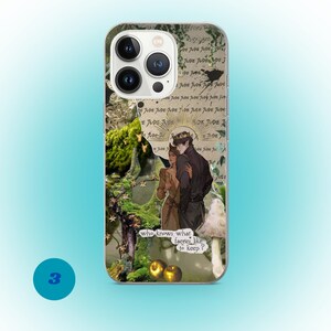 May include: Clear phone case with a collage design. The design includes a couple, text, and botanical elements. The text reads "who knows what faeries like to keep?" and "JUDE JUDE JUDE". The case has a light blue background.