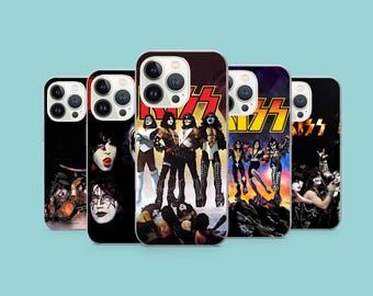 May include: Five phone cases showcasing the rock band KISS. Each case features a different image of the band, including album art and band member portraits. The cases have a glossy finish and are set against a light blue backdrop.
