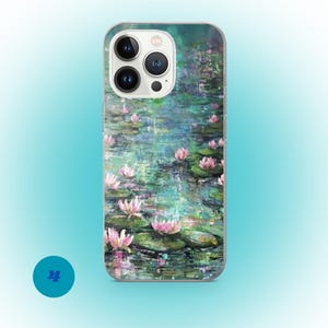 May include: A clear phone case featuring an impressionistic painting of a pond with pink water lilies and green lily pads. The background is a blend of teal and green hues, creating a serene and artistic design.