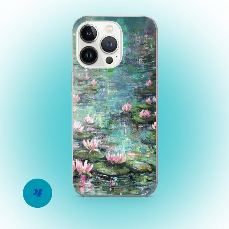 May include: A clear phone case featuring an impressionistic painting of a pond with pink water lilies and green lily pads. The background is a blend of teal and green hues, creating a serene and artistic design.