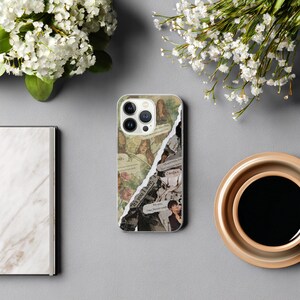 May include: A clear phone case with a collage design featuring vintage images and text. The design is split diagonally, with a sepia-toned side and a black and white side. The case is on a gray surface.