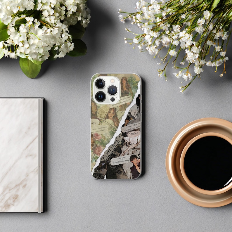 May include: A clear phone case with a collage design featuring vintage images and text. The design is split diagonally, with a sepia-toned side and a black and white side. The case is on a gray surface.
