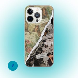 May include: Clear phone case with a collage design. The design features illustrations of women, roses, and text fragments. The text includes "It's you I love," and "Cardan."