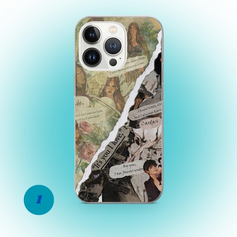 May include: Clear phone case with a collage design. The design features illustrations of women, roses, and text fragments. The text includes "It's you I love," and "Cardan."