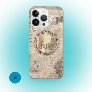 May include: A phone case with a vintage design. The case features a central circular image with the text "FOLK AIR" and illustrations of two figures. The background has a collage of script, botanical elements, and a bee. The case is tan and cream-colored.