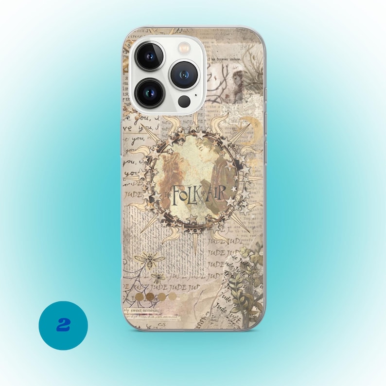 May include: A phone case with a vintage design. The case features a central circular image with the text "FOLK AIR" and illustrations of two figures. The background has a collage of script, botanical elements, and a bee. The case is tan and cream-colored.
