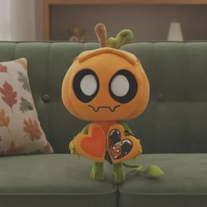 Puede incluir: Un peluche con forma de personaje con cabeza de calabaza, grandes ojos blancos y boca cosida. Tiene brazos y piernas verdes y sostiene dos objetos en forma de corazón. El peluche es naranja y verde, y está sobre un sofá verde.