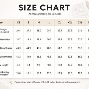 May include: A size chart table for a shirt with columns for sizes XS through 5XL. Rows list measurements in inches for shirt length, shoulder width, chest circumference, waist circumference, sleeve length, and sleeve opening circumference.